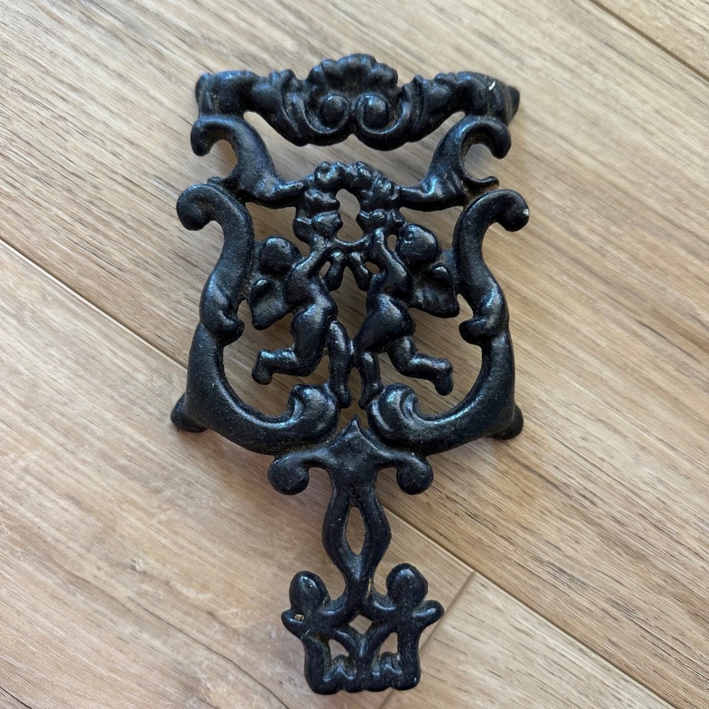 Vintage Cast Iron Cherub Lyre Trivet Black Ornate Angel Wall Decor Hot Pad MCM